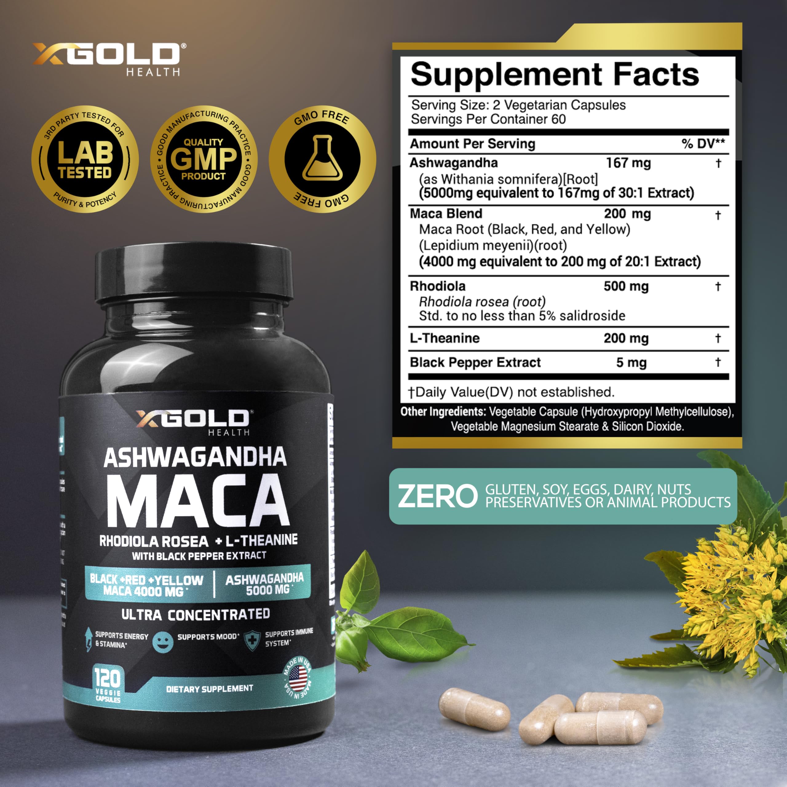 X Gold Health Rhodiola capsules shown for stress resilience and focus