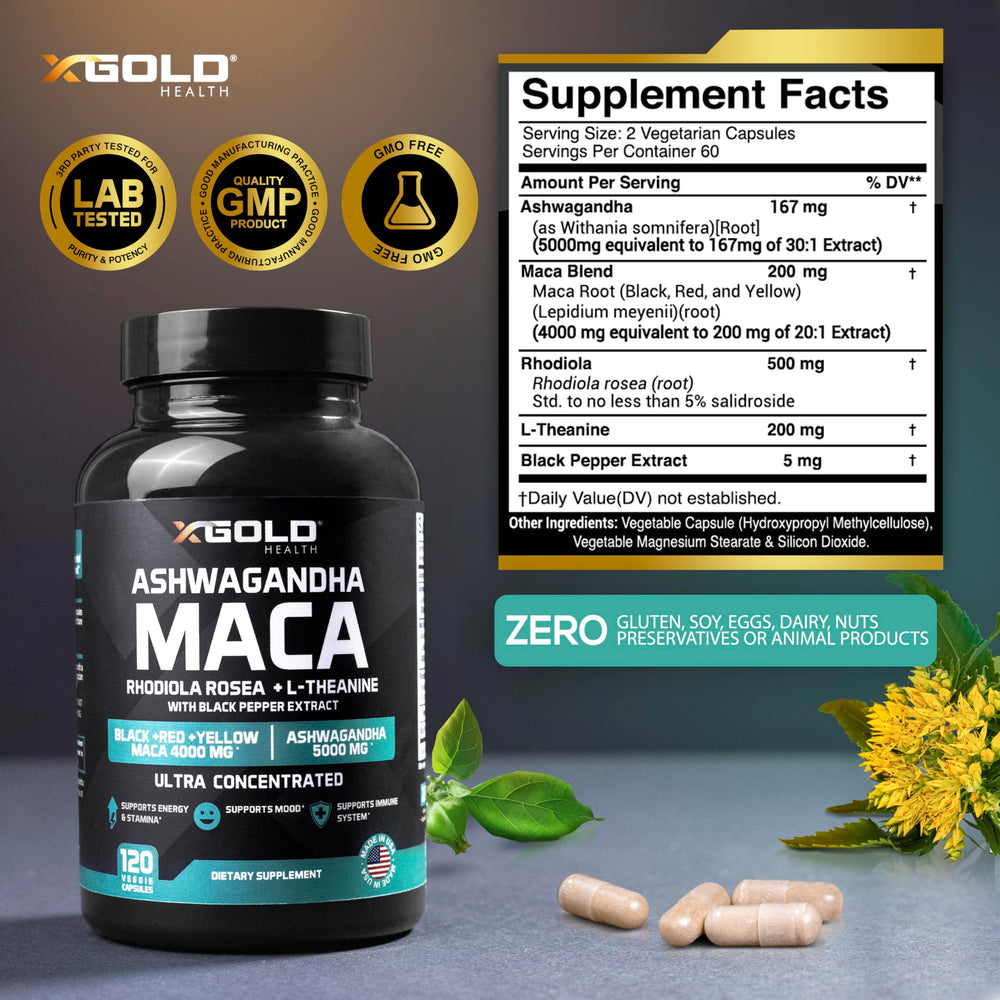 X Gold Health Rhodiola capsules shown for stress resilience and focus
