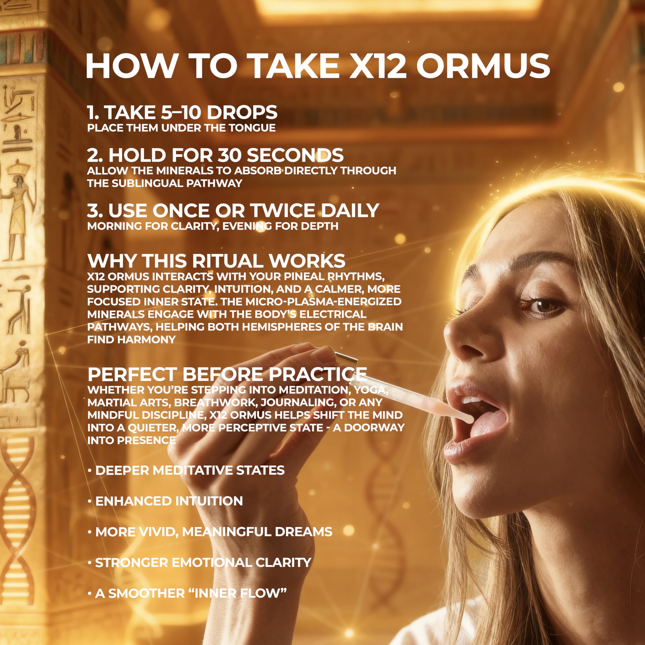 X12 Ormus bottle with glass taster suggesting daily ritual and mindful use