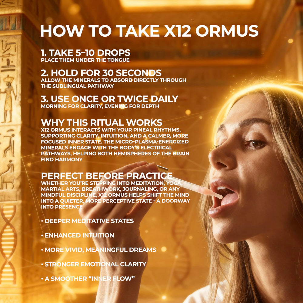 X12 Ormus bottle with glass taster suggesting daily ritual and mindful use