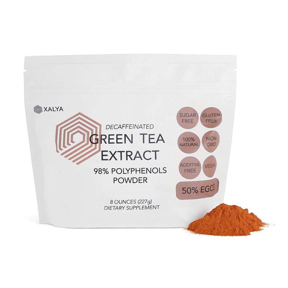 Xalya Green Tea Extract jar close-up showing pure decaf powder for daily energy
