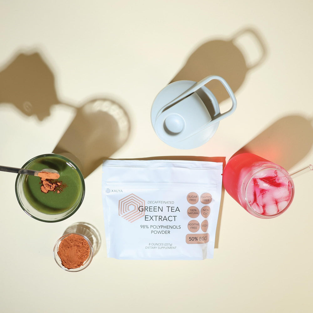 Xalya Green Tea Extract powder stirred into smoothie or latte