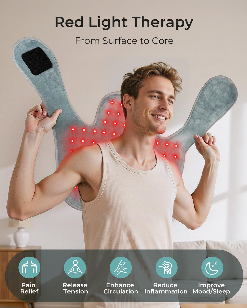 Xasla upper back wrap covers the upper back for comprehensive relief.