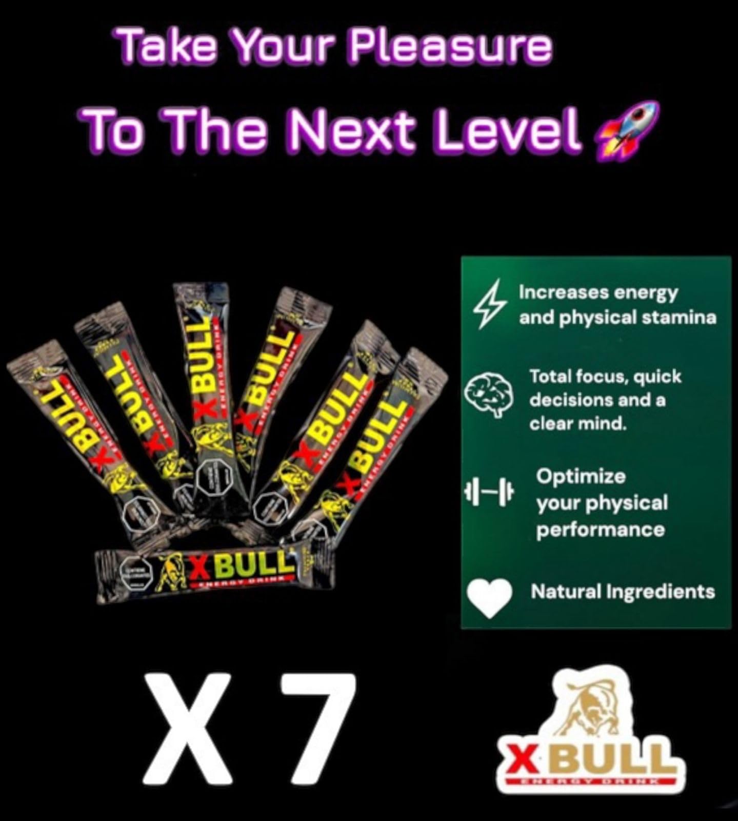 Xbull sachet packaging shows seven-pack box for convenient daily energy