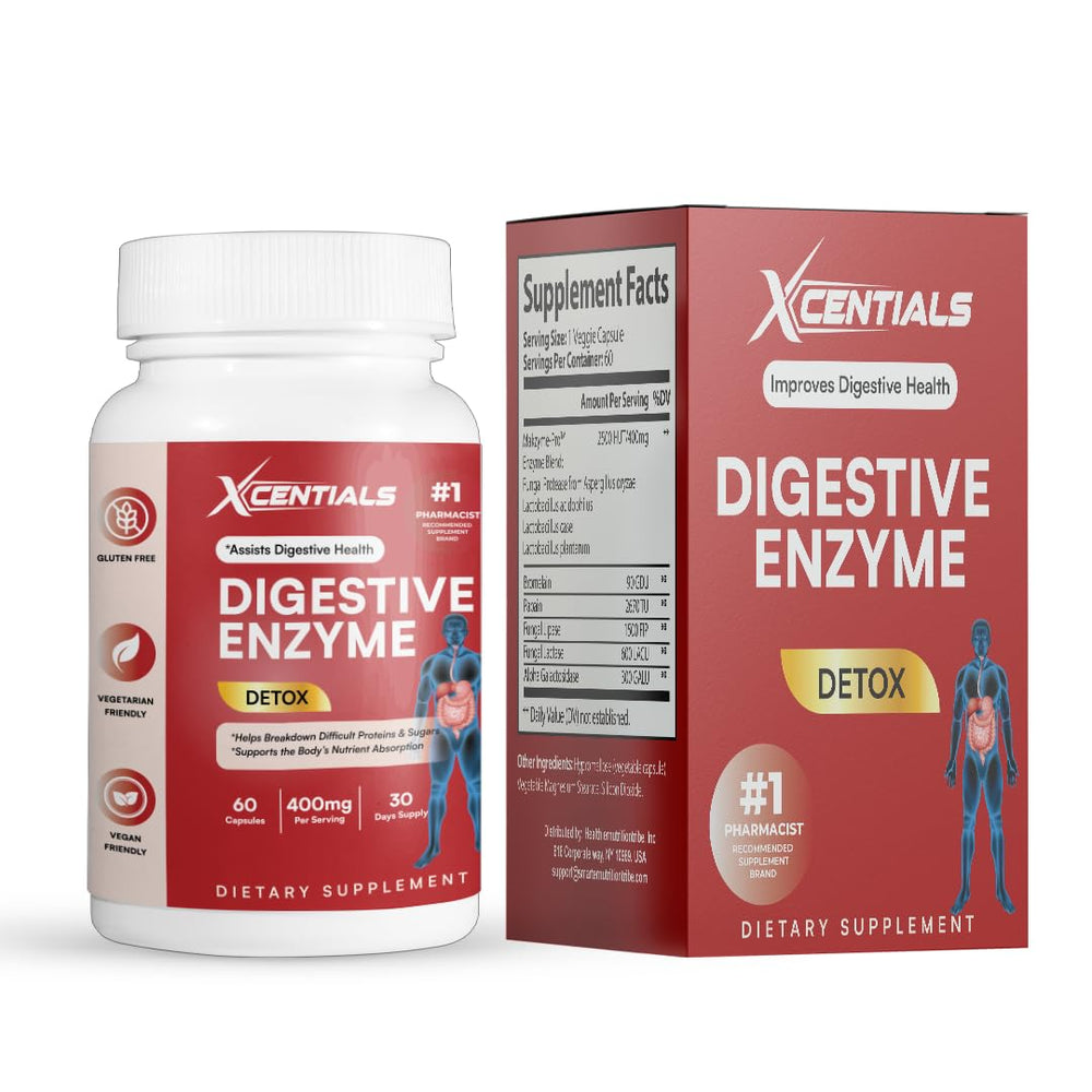 Xcentials Digestive Enzyme Detox bottle supports digestion and daily wellness.