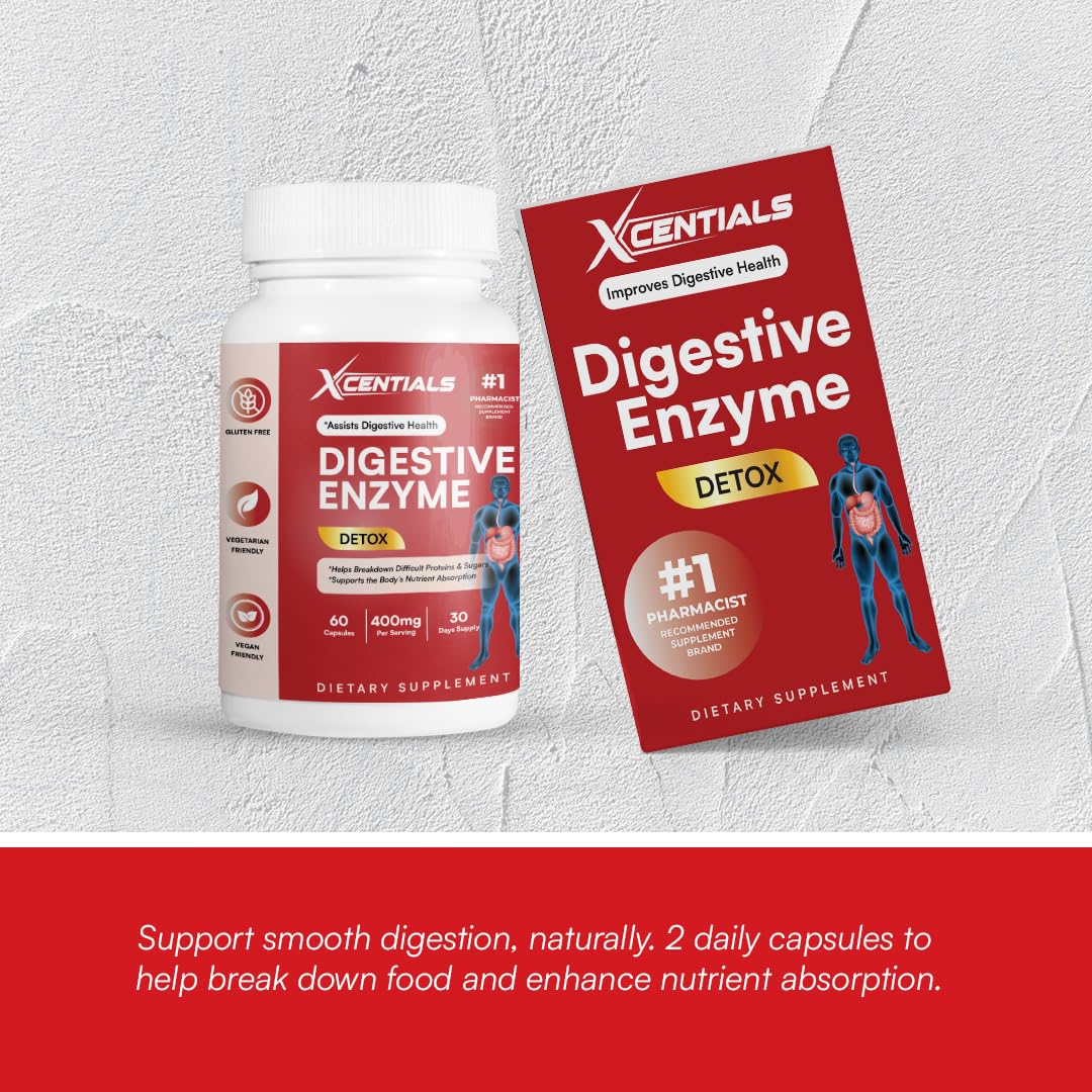 Xcentials Digestive Enzyme Detox label highlights ingredients and gut health benefits.