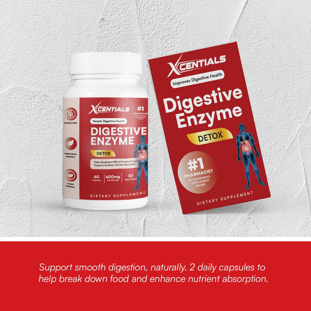 Xcentials Digestive Enzyme Detox label highlights ingredients and gut health benefits.