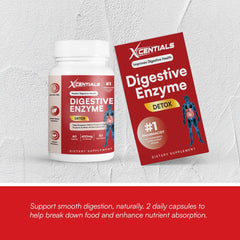 Xcentials Digestive Enzyme Detox label highlights ingredients and gut health benefits.