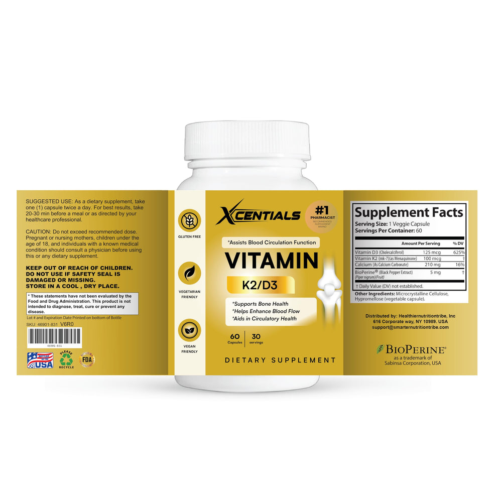 Xcentials Vitamin D3 K2 bottle showcasing 60 vegan capsules for bone and heart support