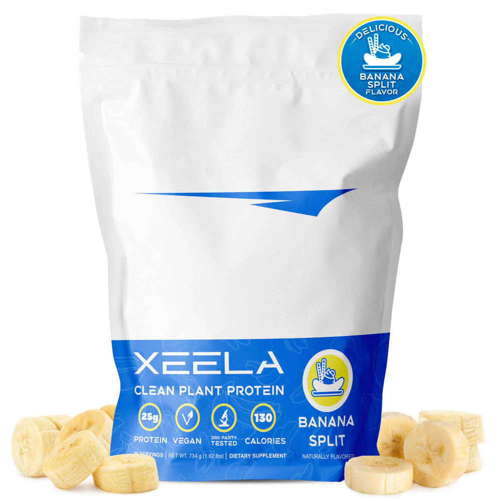 XEELA Banana Split protein bottle showing 25g plant protein per serving.