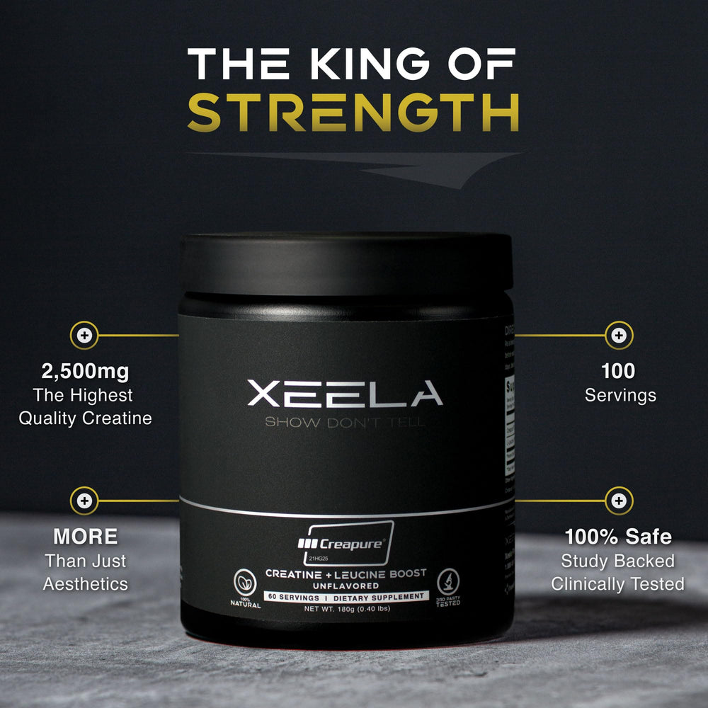 Athlete performing lift with XEELA Creatine prep visible for workouts