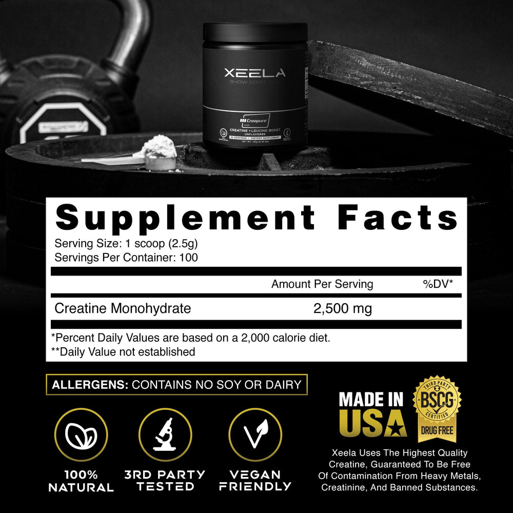 Close-up of XEELA Creatine label highlighting Creapure quality