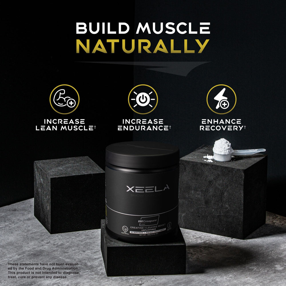 XEELA packaging and serving jar on a gym bench