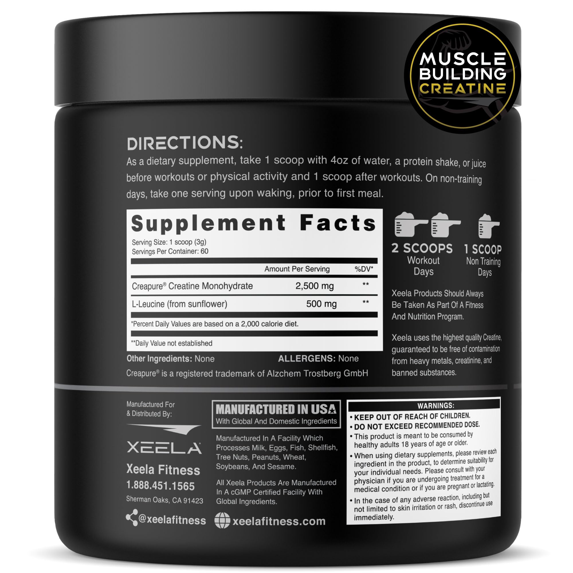 XEELA Creatine powder scoop on measuring spoon for precise dosing