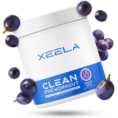 XEELA pre-workout bottle in grape soda color ready for energizing workouts