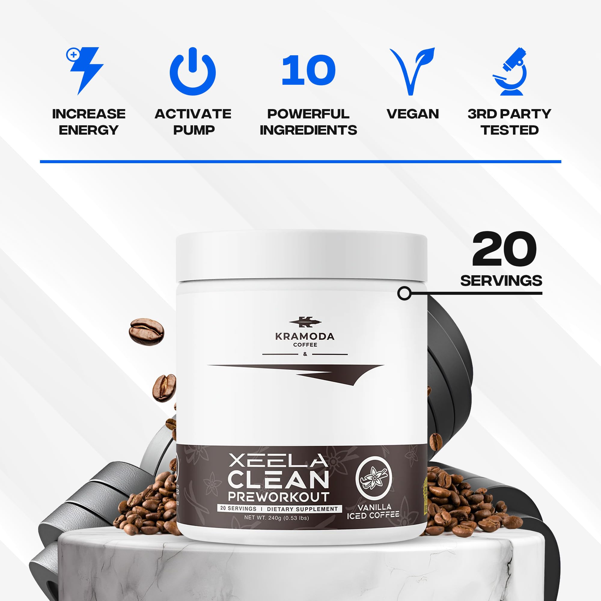 XEELA Pre Workout in gym scene suggests sustained endurance.