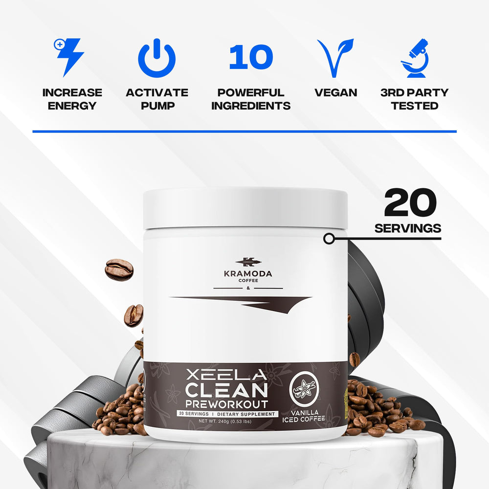 XEELA Pre Workout in gym scene suggests sustained endurance.