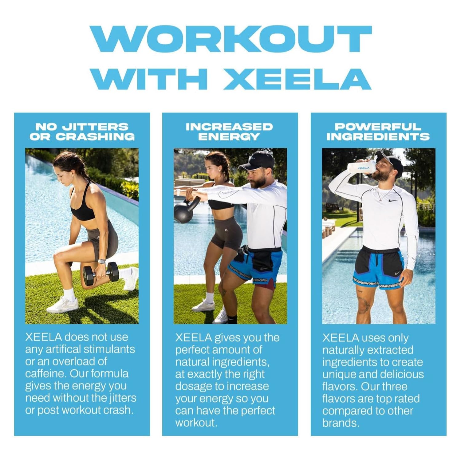 XEELA pre-workout in a glass reveals a smooth, vibrant shake