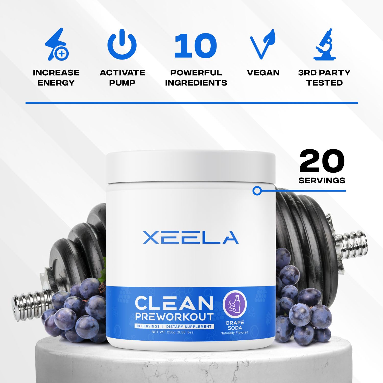 XEELA pre-workout scoop shown beside the powder for precise portions