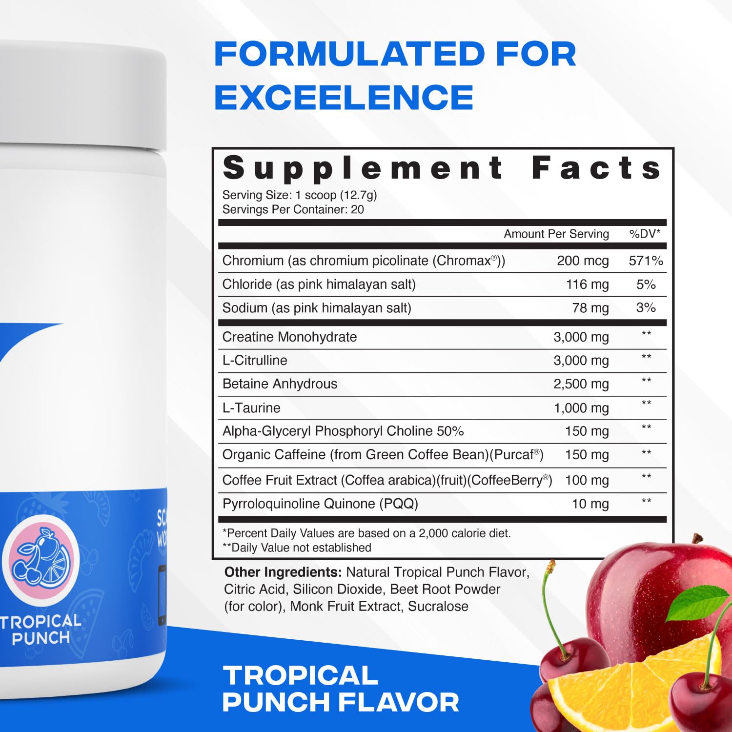 XEELA Pre Workout Tropical Punch label close-up, showing clean, third-party tested ingredients.