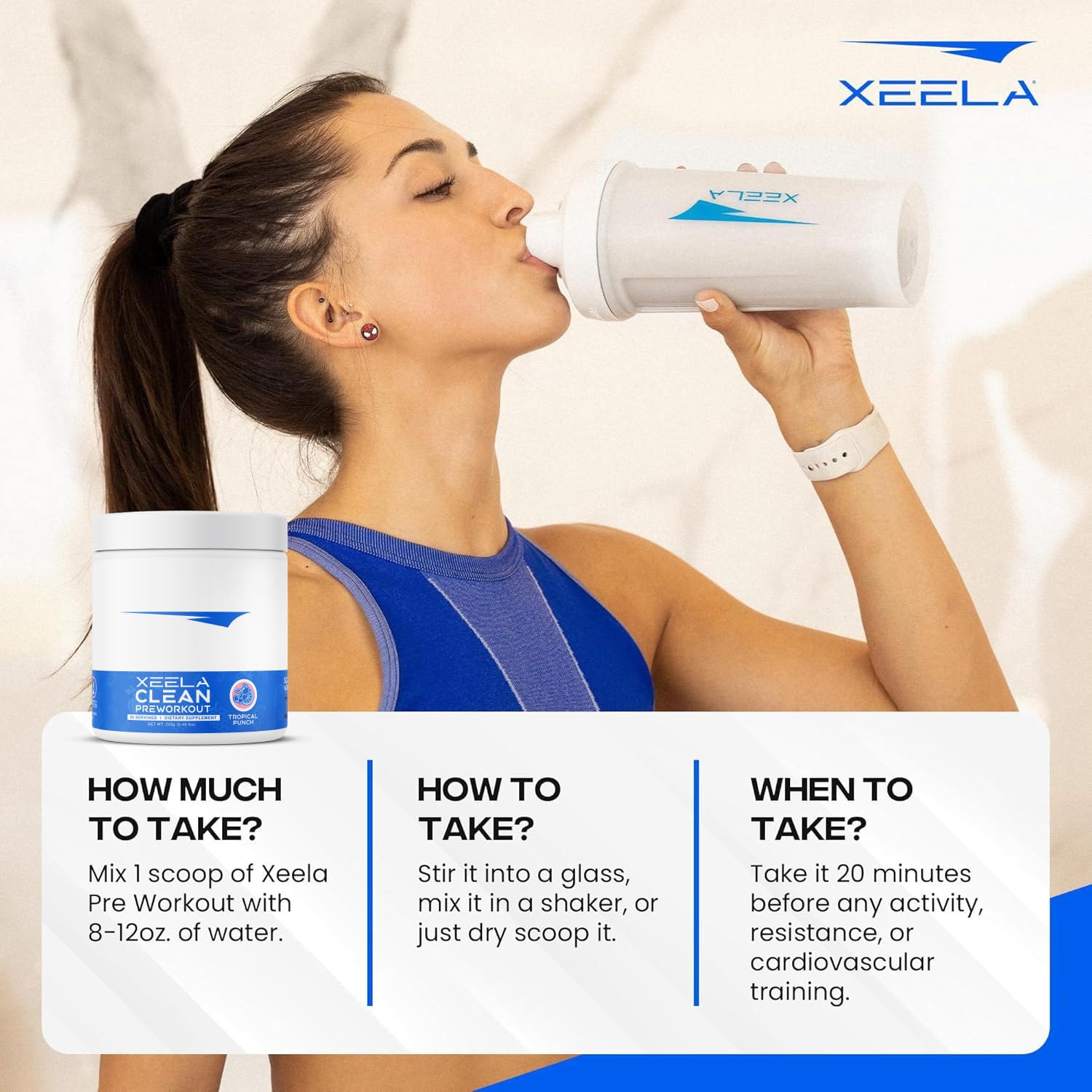 XEELA Pre Workout Tropical Punch pour, highlighting rapid mix and vibrant flavor.