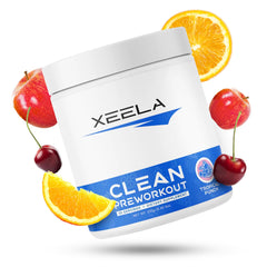 XEELA Pre Workout Tropical Punch tub front, clean formula for focused, jitter-free workouts.