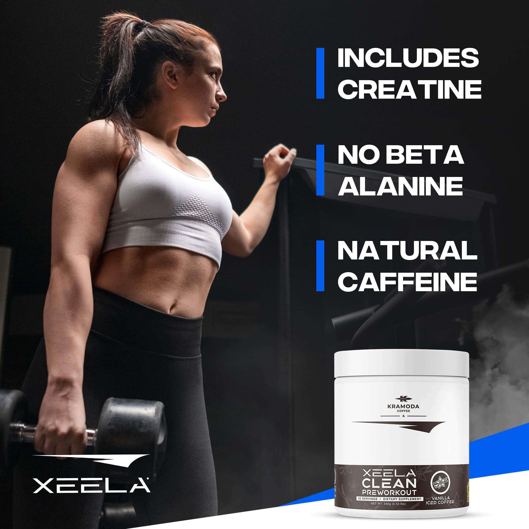 XEELA Pre Workout tub closeup label highlights clean energy.
