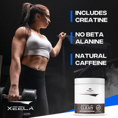 XEELA Pre Workout tub closeup label highlights clean energy.