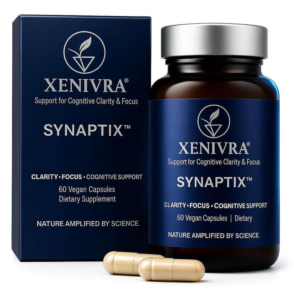 XENIVRA NATURE Synaptix bottle close-up, clean herbal nootropic packaging for daily focus.