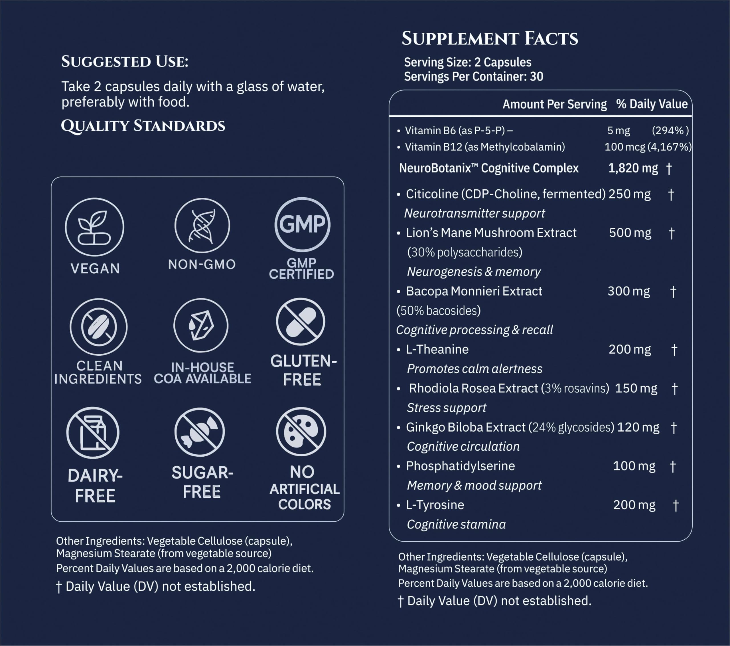 XENIVRA NATURE Synaptix label close-up showing vegan ingredients and citicoline benefits.