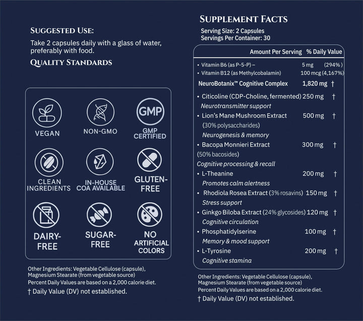 XENIVRA NATURE Synaptix label close-up showing vegan ingredients and citicoline benefits.