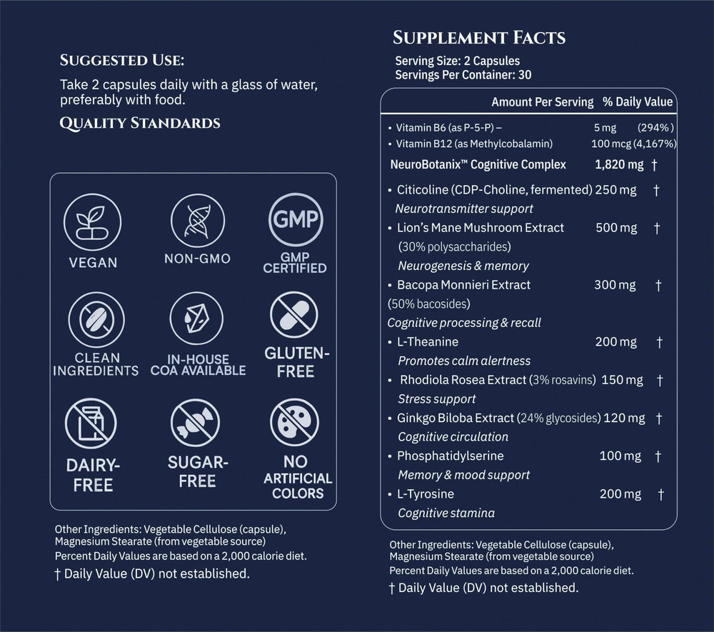 XENIVRA NATURE Synaptix label close-up showing vegan ingredients and citicoline benefits.