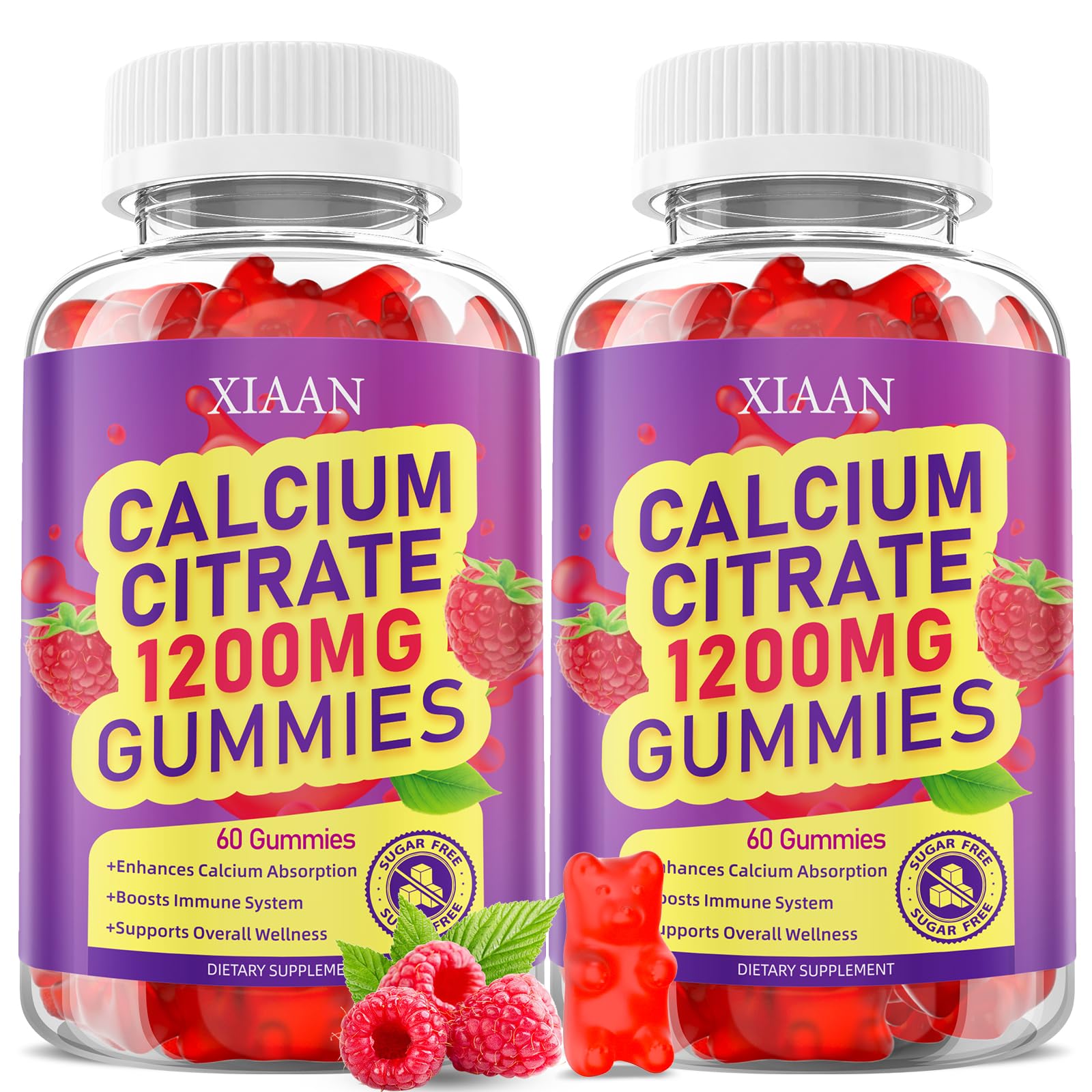 XIAAN Calcium Citrate Gummies raspberry bottle showing 1200mg per serving