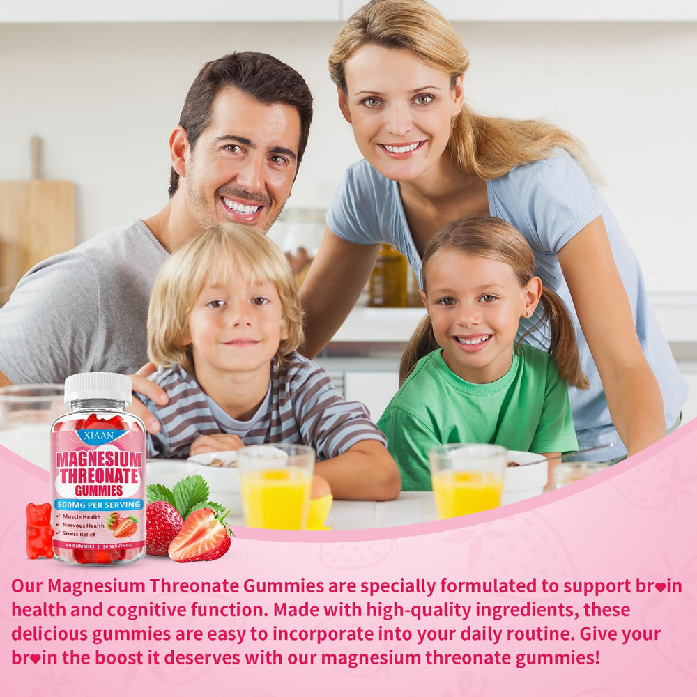 XIAAN magnesium L-threonate gummies label highlights gluten-free and non-GMO ingredients.