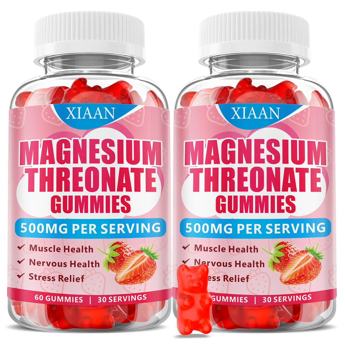 XIAAN Magnesium Threonate Gummies bottle with strawberry flavor for daily support.