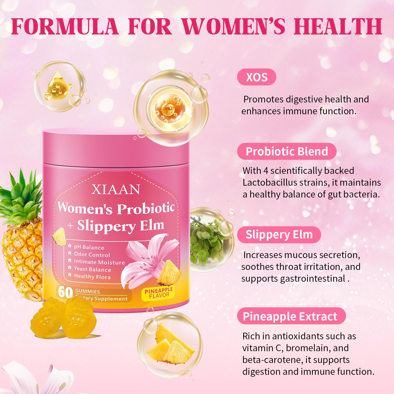 Gummies with pineapple flavor shown beside a pineapple for flavor cue