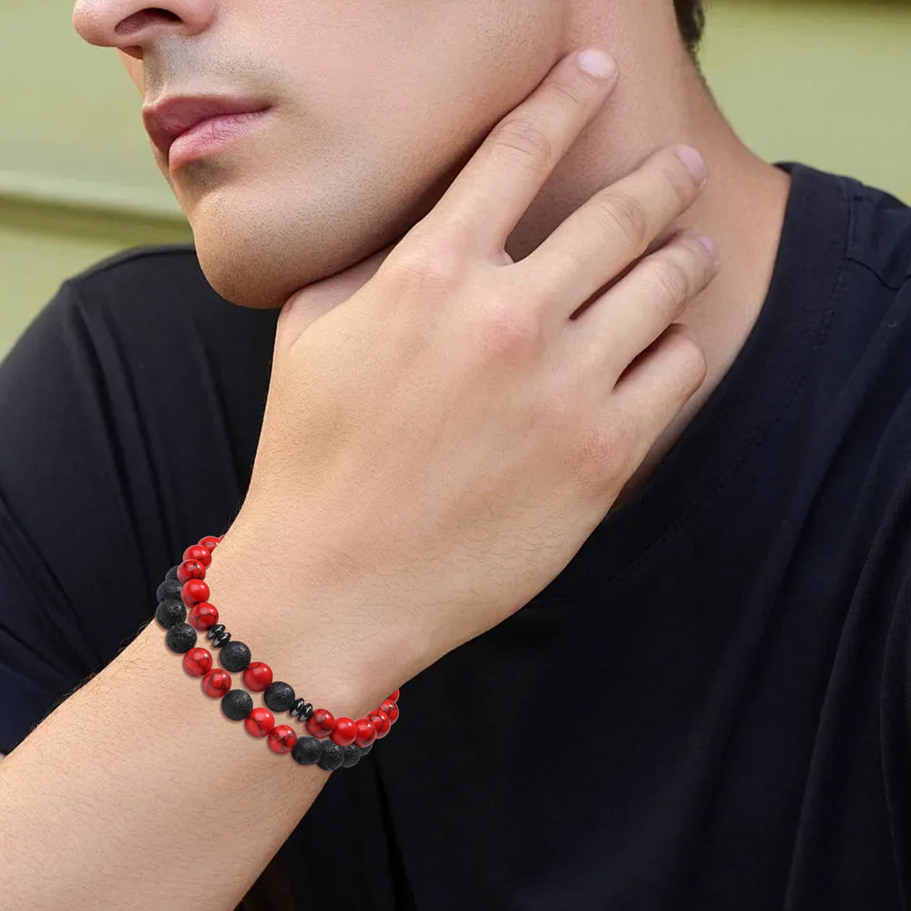 XIANNVXI lava rock with red-black beads showcases bold, stylish contrast.