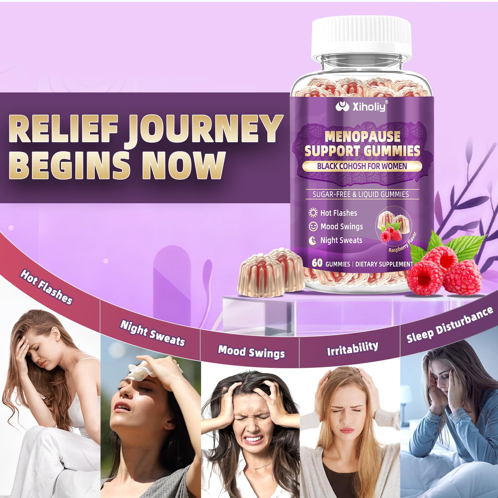 XIHOLIY menopause bottle with side-view packaging communicates sugar-free, vegan formula.