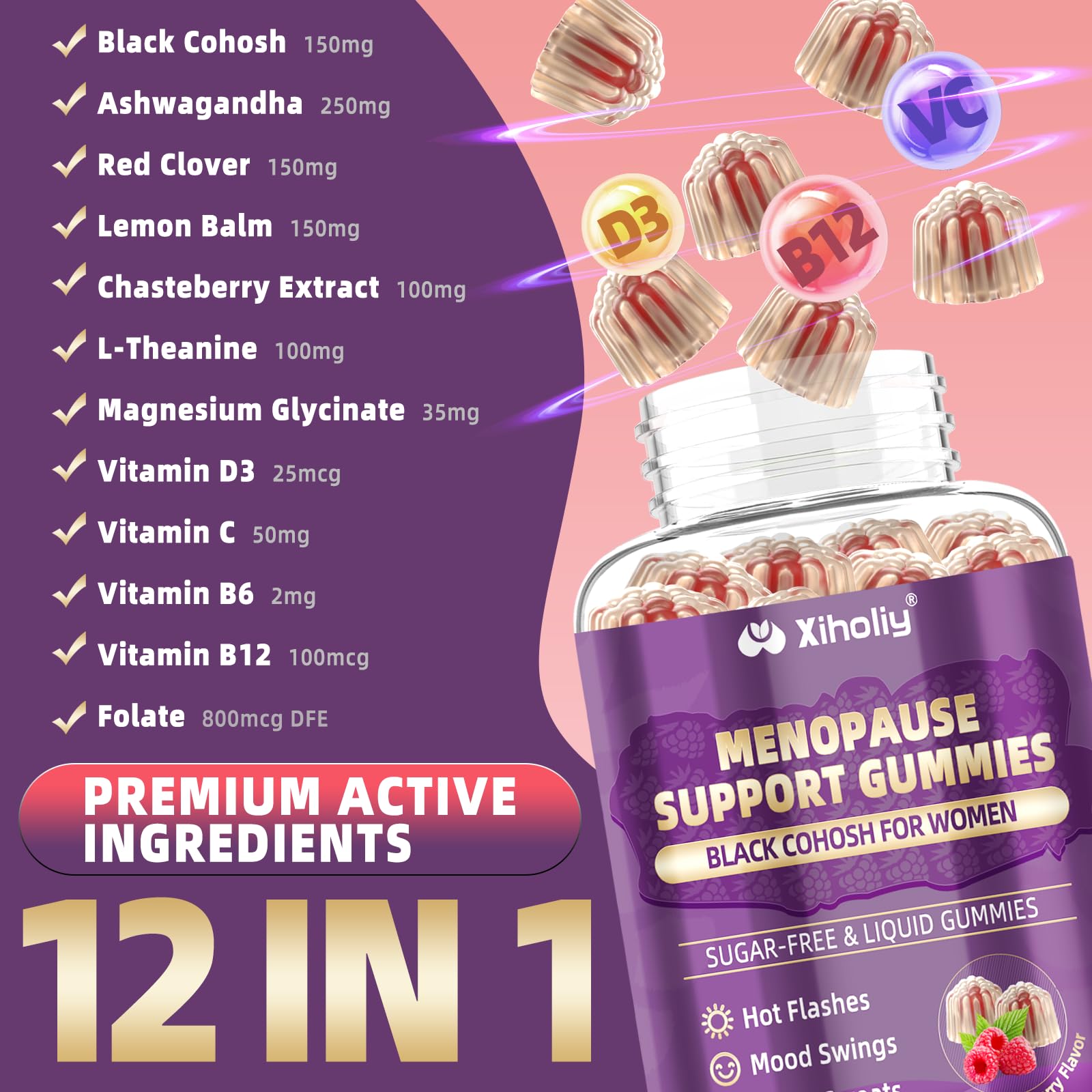 XIHOLIY menopause gummies label front emphasizes natural ingredients and dual-absorption technology.