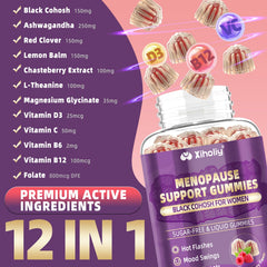 XIHOLIY menopause gummies label front emphasizes natural ingredients and dual-absorption technology.