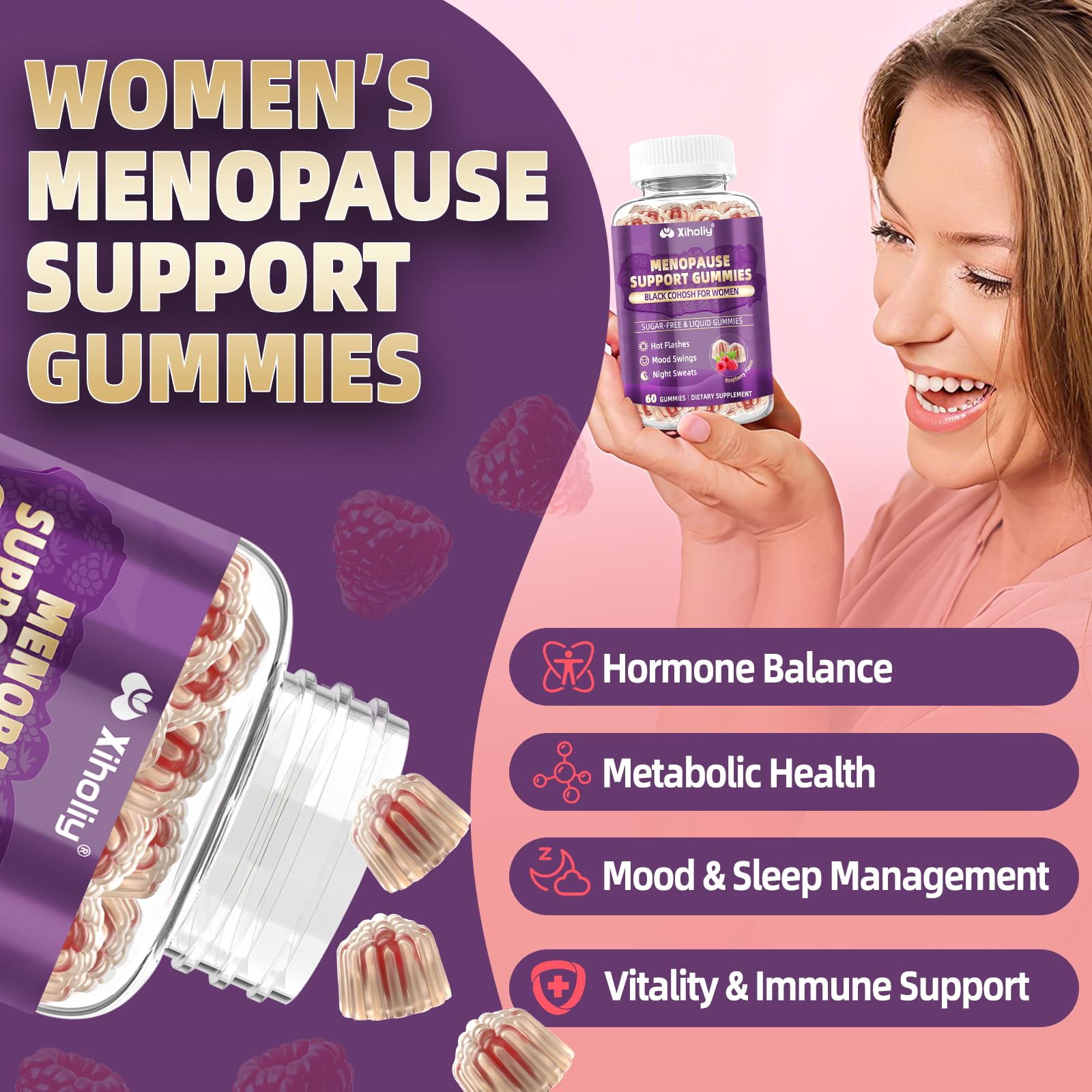 XIHOLIY menopause gummies pouring shot highlights easy daily intake and convenient routine.