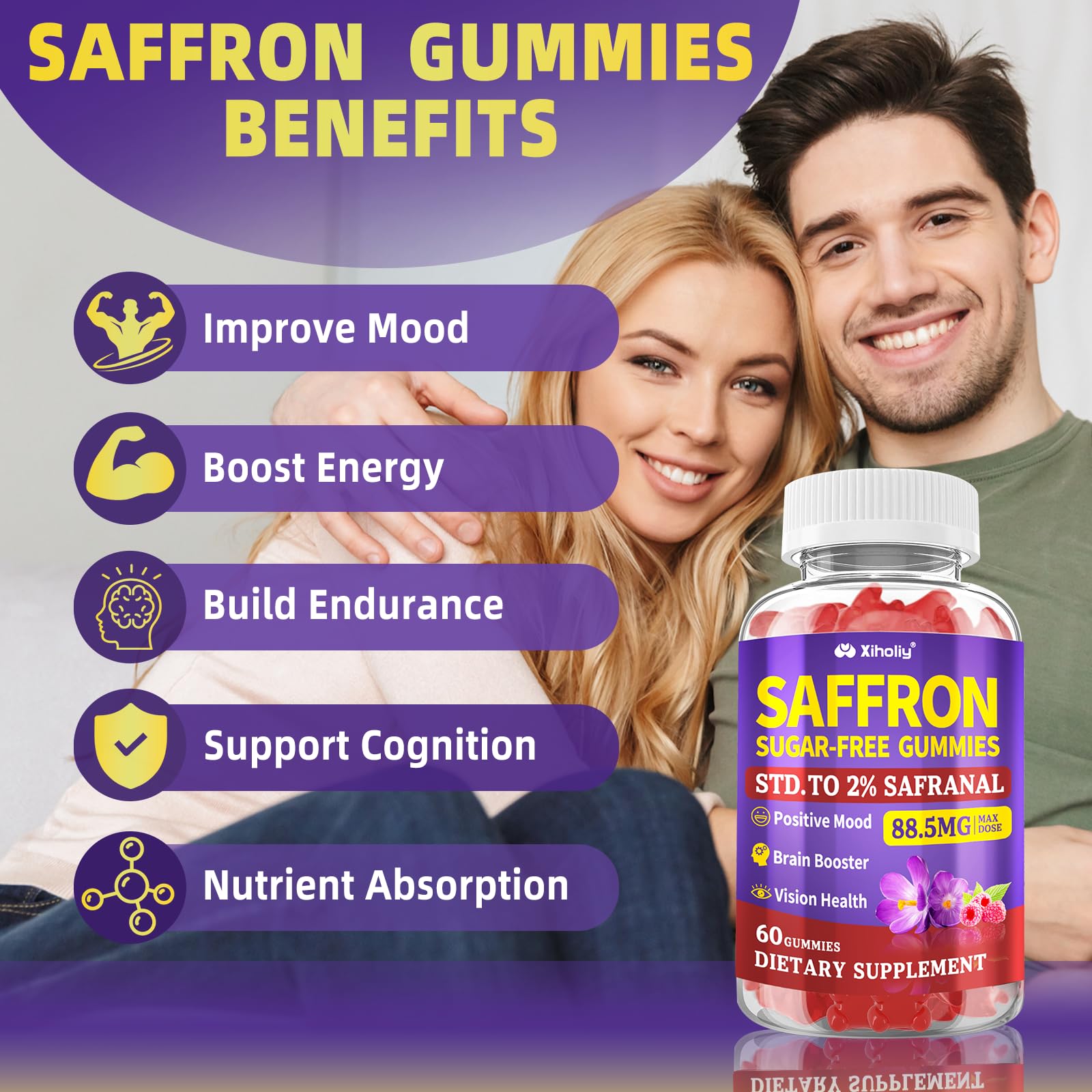 XIHOLIY saffron gummies bottle closeup highlights 88.5 mg Safranal potential focus aid.
