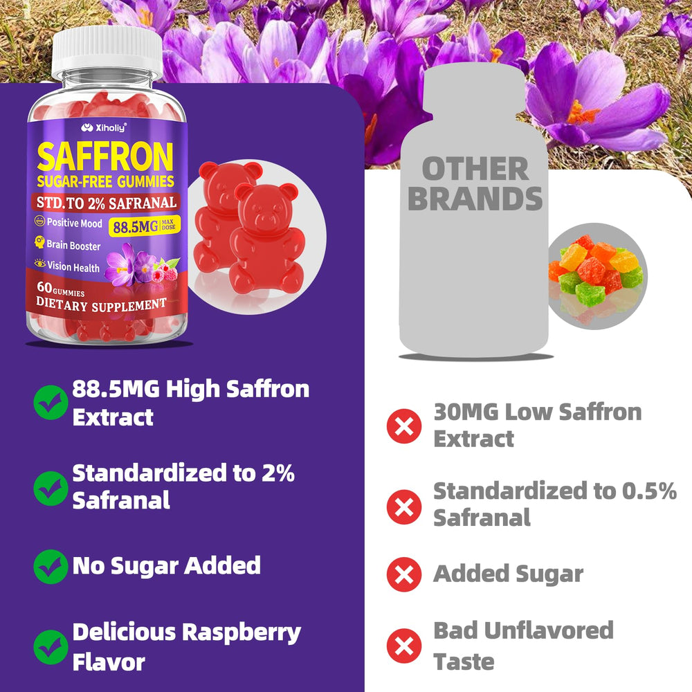 XIHOLIY saffron gummies ingredients panel emphasizes 8-in-1 blend for daily wellness.