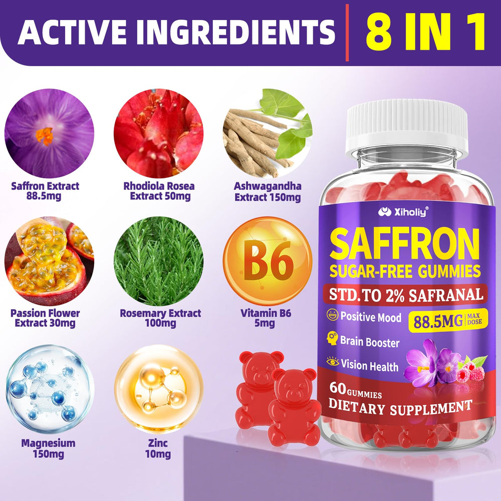 XIHOLIY saffron gummies raspberry flavor shows taste-friendly mood and energy support.