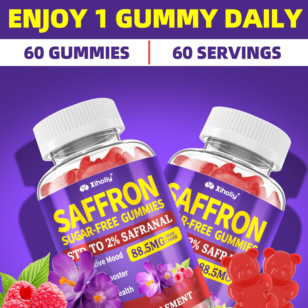 XIHOLIY saffron gummies vegan label highlights sugar-free daily supplement.