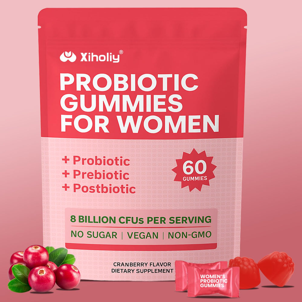 XIHOLIY Women Probiotic Gummies bottle promotes daily feminine wellness with cranberry flavor.