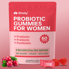 XIHOLIY Women Probiotic Gummies bottle promotes daily feminine wellness with cranberry flavor.