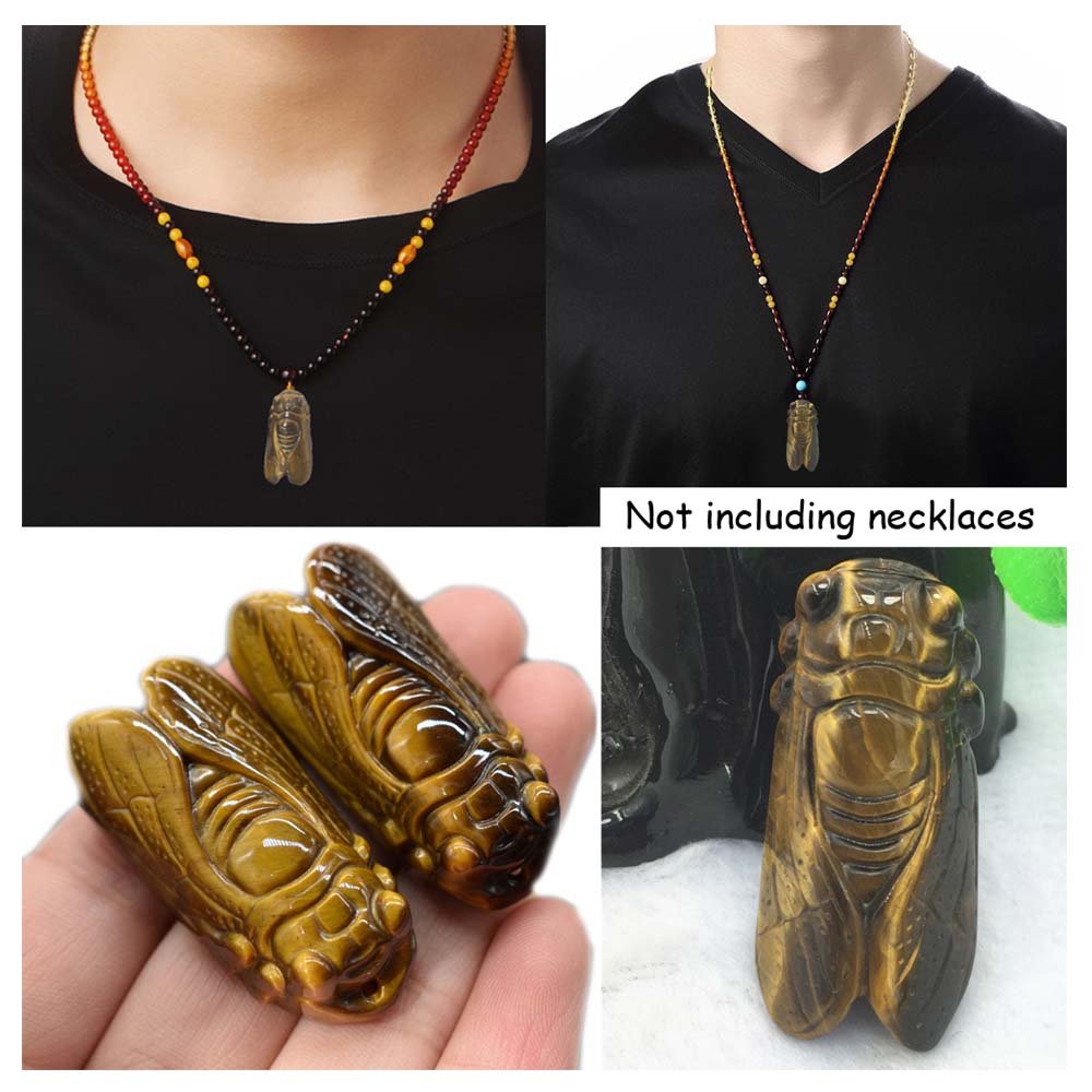 Ximimark tiger's-eye stone carved cicada pendant macro detail for refined style.