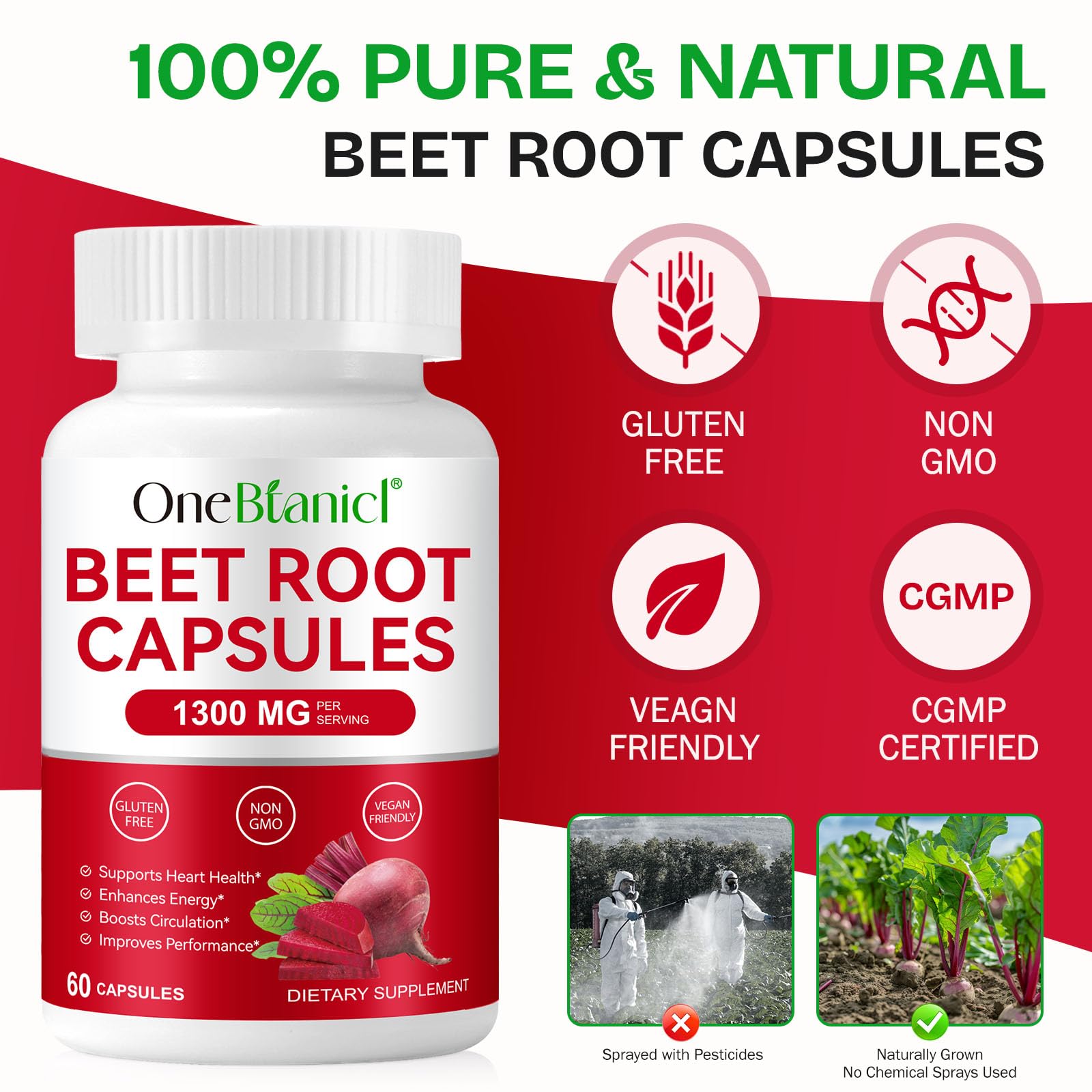 XINSZLIN Beet Root Capsules 1300mg packaging label showcases clean, additive-free formula.