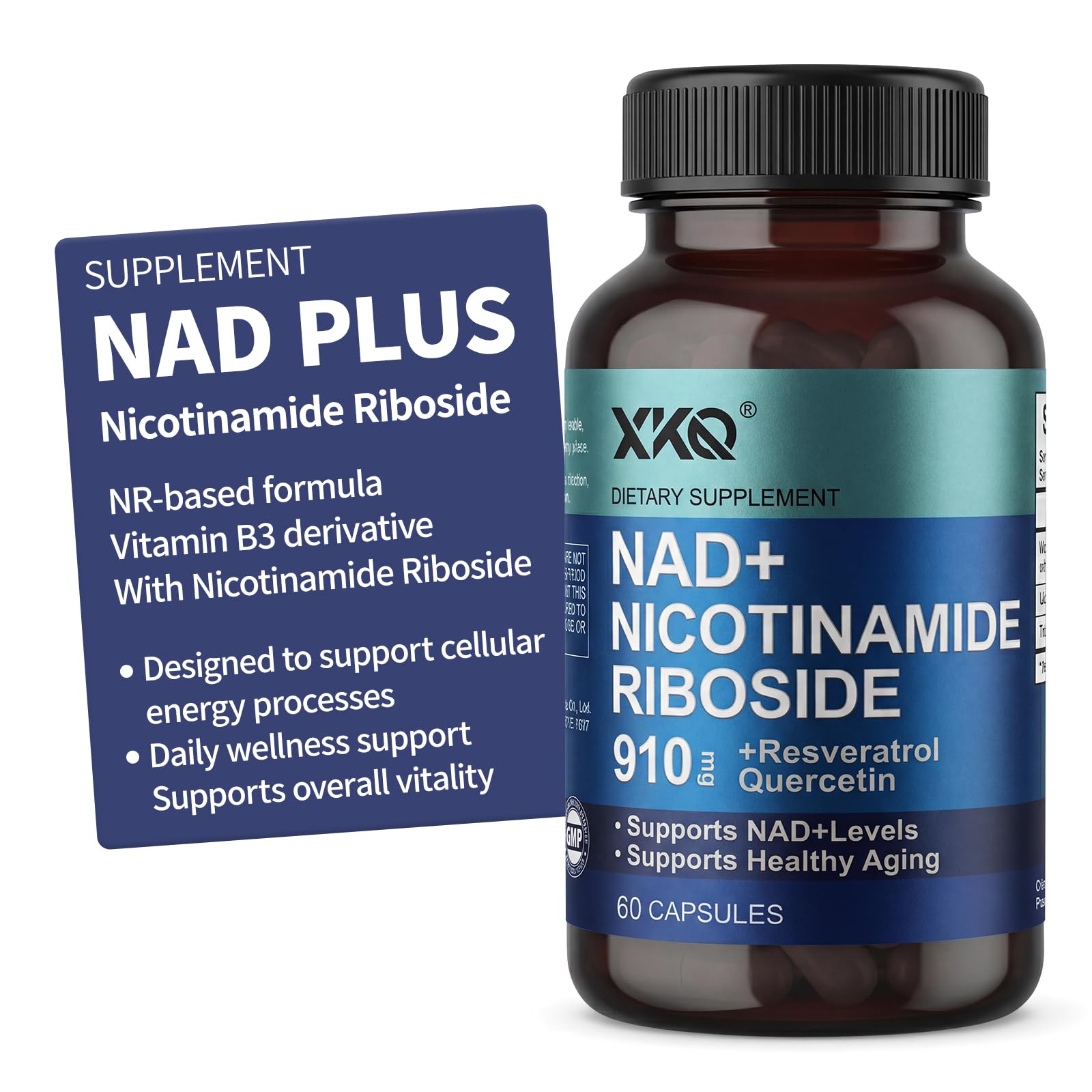 XKQ NAD+ bottle close-up showing 910 mg Niagen for energy